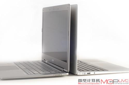 就视觉效果而言，特别是从侧面看，MacBook Air（右）看上去要更轻薄一些。